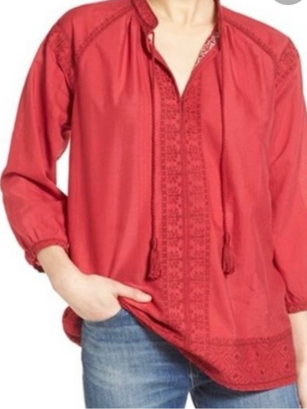 Madewell 'Camelia' Embroidered Tassel Cotton Top Burgundy Sz S